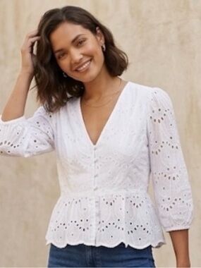 French Connection White Eyelet Button-Front Peplum Blouse
